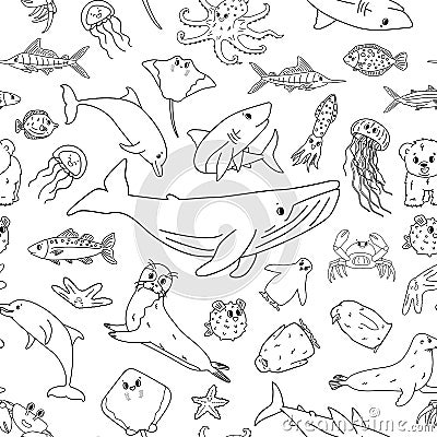 Black white seamless vector pattern of cartoon outline isolated sea ocean animals. Whale, dolphin, shark, stingray, jellyfish, Vector Illustration