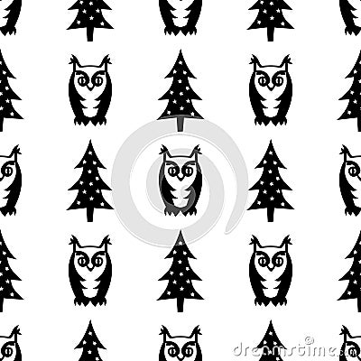 Black and white seamless winter pattern - Xmas trees and owls. Winter forest illustration. Vector Illustration