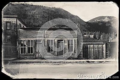 Black and White Sepia Vintage Photo of Old Western Wooden store in St. Elmo Gold Mine Ghost Town in Colorado Stock Photo