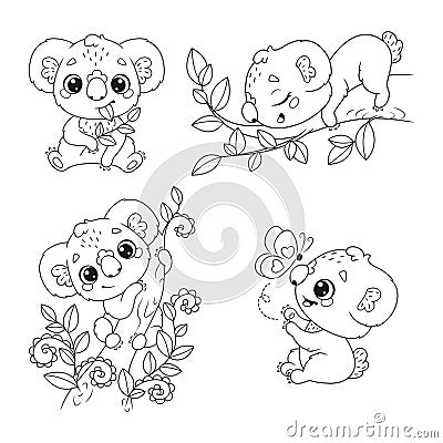 Black and white set of cute koalas Vector Illustration