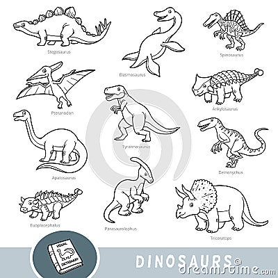 Black and white set of dinosaurs, collection of vector animals with names in English. Cartoon visual dictionary Vector Illustration