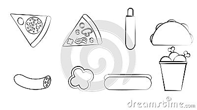 Black and white set of eight icons of delicious food and snacks items for a restaurant bar cafe on a white background: pizza, hot Vector Illustration