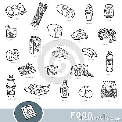 Black and white set of food, collection of vector items with names in English. Cartoon visual dictionary Vector Illustration