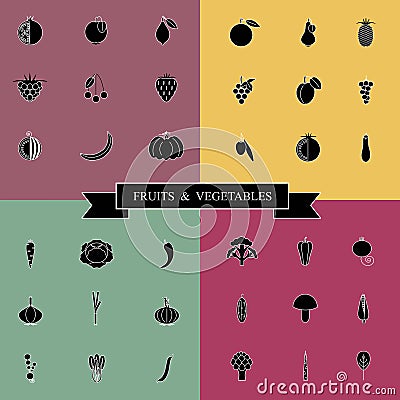 Black and white set fruits and vegetables icons on green, purple and yellow Vector Illustration