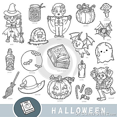 Black and white set of Halloween objects. Visual dictionary for kids about autumn holiday Vector Illustration