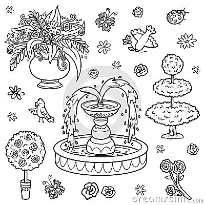 Black and white set of objects from the royal garden Vector Illustration