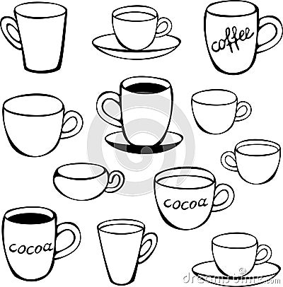 Black and white set of twelve different cups and mugs. Crockery vector set with mugs. Vector Illustration