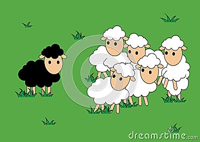 Black and white sheep. Black sheep is different and alone. Vector Illustration. Vector Illustration