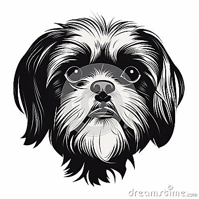 Black And White Shihtzu Head Illustration With Strong Character Design Stock Photo