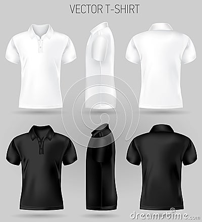 Black and white short sleeve polo shirt design templates front, back, and side views . Vector Illustration