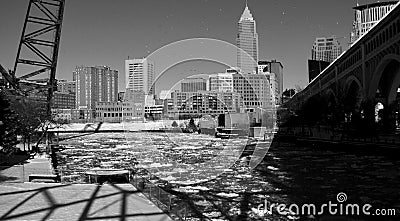 A black and white shot of frozen Cuyahoga River - CLEVELAND - OHIO Editorial Stock Photo