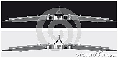 A black and white silhouette of the Australian parliament house, Canberra Vector Illustration