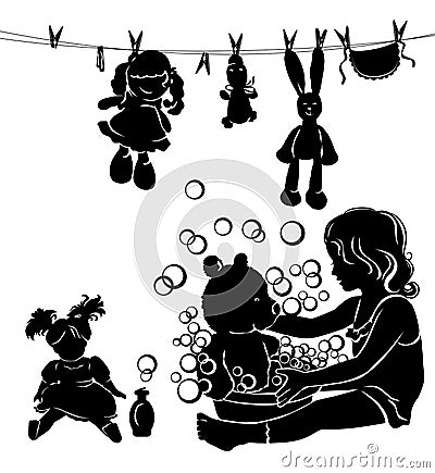 Silhouette little girl washes toys Vector Illustration