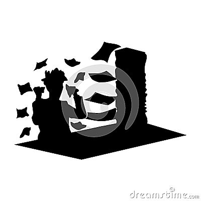 Black and white silhouette of a man who is tired of working with papers. Concept of heavy office or creative work, vector clipart Vector Illustration