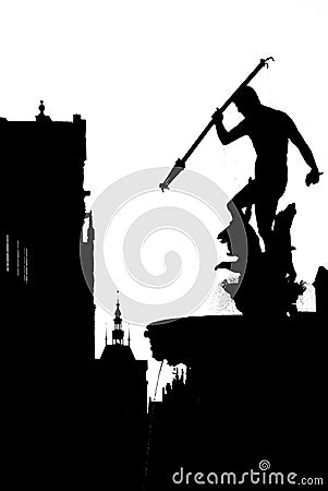 Black-and-white silhouette of Neptune Fountain in Gdansk Stock Photo