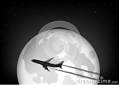 Black and white silhouette of th plane flying against the background of the full moon and the starry night sky, horizontal vector Vector Illustration