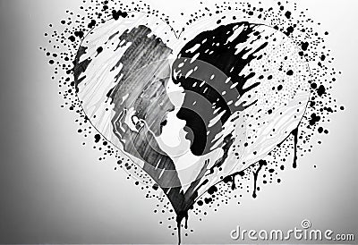 Black and white silhouette of two people before a heart-shaped kiss. Rough strokes and paint stains Stock Photo