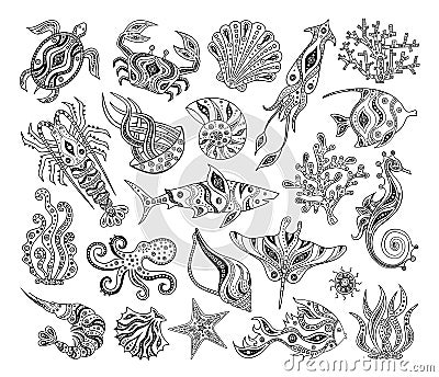 Black and white silhouettes of sea inhabitants. Vector. Stencils. Vector Illustration