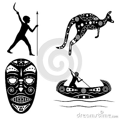 Black - white silhouettes of traditional Australian shaman mask, native with a boomerang, a boat and a kangaroo. Vector Illustration