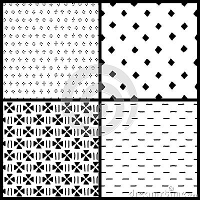 Black and white simple ethnic geometric seamless patterns set, vector Vector Illustration