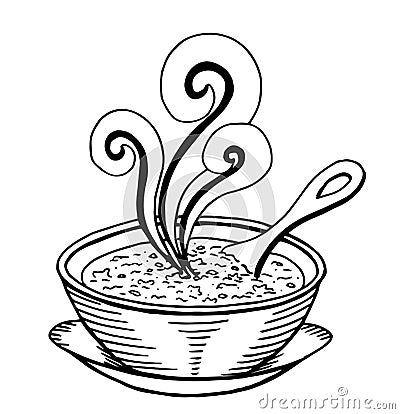 Black and white simple hand drawn doodle of a bowl of soup Vector Illustration