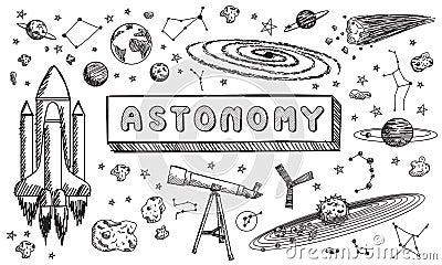 Black and white sketch astronomy science education doodle Vector Illustration