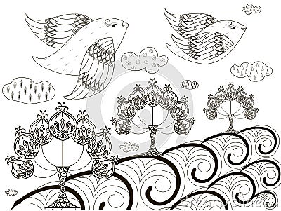 Black and white sketch of background: flying birds, stylized trees, clouds, anti stress coloring page illustration Vector Illustration