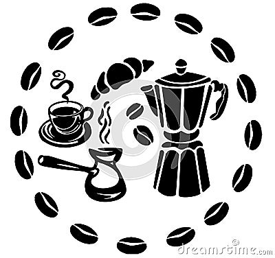 Black and white sketch of a beautiful coffe stuff pattern on a background drawing summer picture Flat vector Vector Illustration