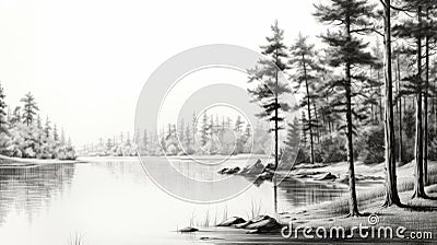 Serene Black And White Forest Drawing By The Water Stock Photo