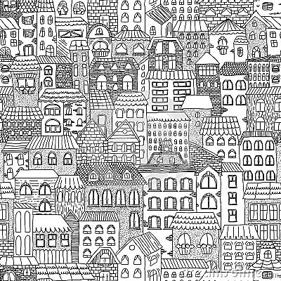 Black and white sketch seamless panorama of the city. Vector Illustration