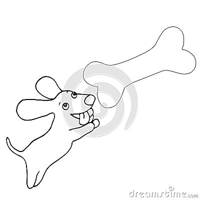 Black white small dog jumping over a huge bone, cartoon funny Vector Illustration