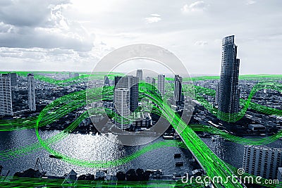 Black and white smart city with data communication flow network Stock Photo