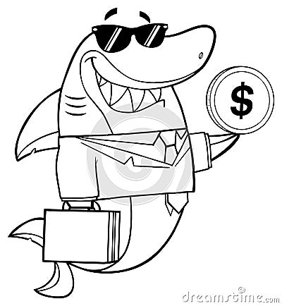 Black And White Smiling Business Shark Cartoon Mascot Character In Suit, Carrying A Briefcase And Holding A Dollar Coin Vector Illustration