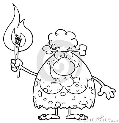 Black And White Smiling Cave Woman Cartoon Mascot Character Holding Up A Fiery Torch Vector Illustration
