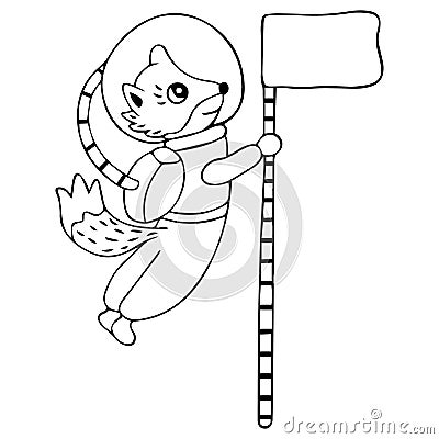 Black and white smiling fox or dog in a spacesuit and a sticking tail flies in zero gravity and holds the flag. Isolated hand-draw Vector Illustration