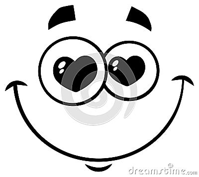 Black And White Smiling Love Cartoon Funny Face With Hearts Eyes Expression. Vector Illustration