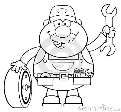 Black And White Smiling Mechanic Cartoon Character With Tire And Huge Wrench Vector Illustration