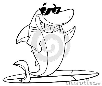 Black And White Smiling Shark Cartoon Mascot Character With Sunglasses Surfing And Waving Vector Illustration