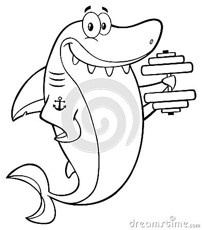 Black And White Smiling Shark Cartoon Mascot Character Training With Dumbbells. Vector Illustration