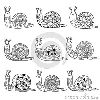 Black and white snails collection. Isolated elements Vector Illustration