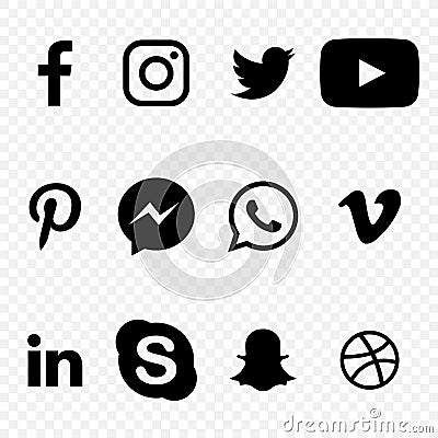 Black and white Social media Icons on transparent background vector high quality set Cartoon Illustration