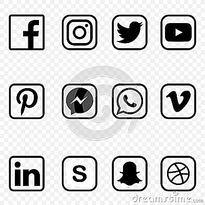 Black and white Social media Icons on transparent background vector high quality set Cartoon Illustration