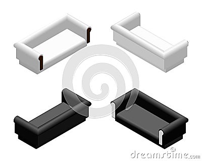 Black and white sometric soft sofa in different projections. Couch for living room or lounge. Furniture design vector Vector Illustration