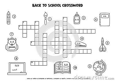 Black and white space crossword for kids with cute kawaii school supplies. Vector Illustration