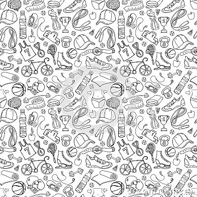 Black and white Sport and fitness seamless doodle pattern Vector Illustration