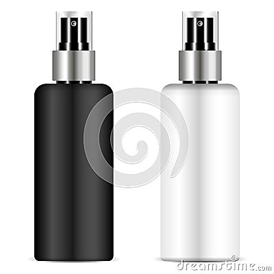 Black and white sprayer bottle set with transparent lid for for cosmetic, perfume, deodorant, freshener. Realistic Vector Illustra Vector Illustration