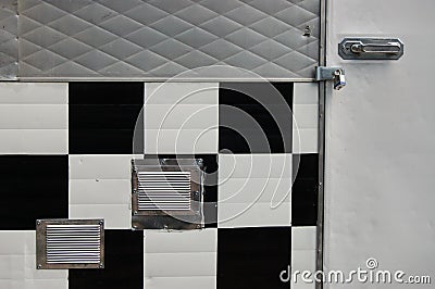 B&W Squares on Locked Portland, Oregon Food Cart Door Stock Photo