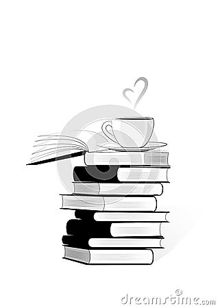 Black and white stack of books and a cup of coffe or tea on the top isolated on the white background, vertical vector Vector Illustration