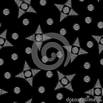 Black and white star shape, memphis inspired seamless vector pattern. Stock Photo