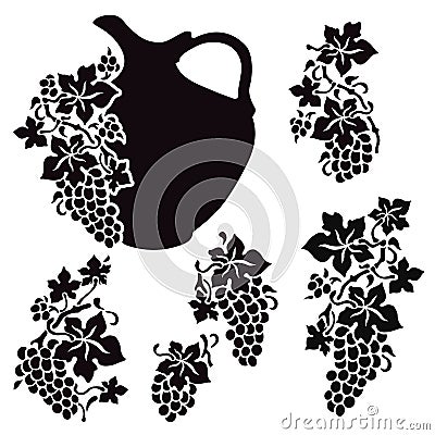 Black and white stencils -jug with grapes Vector Illustration